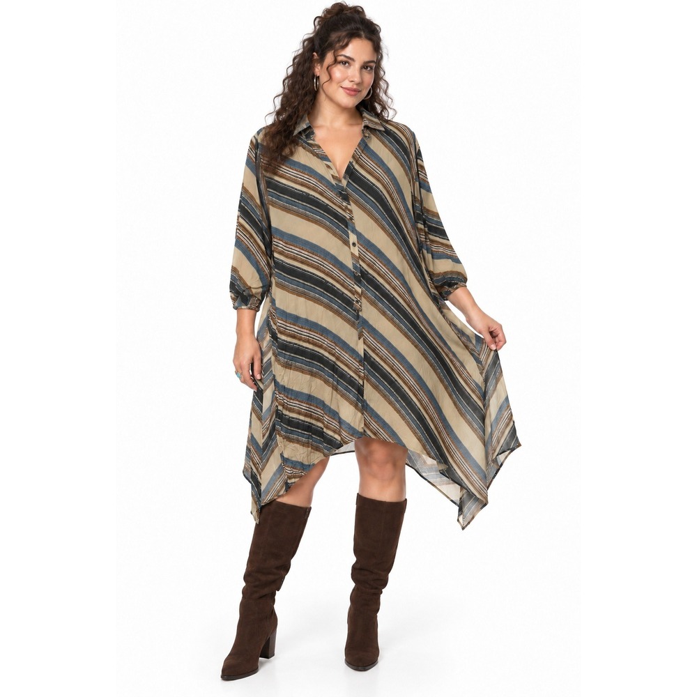 Boho Southwestern Stripe Tunic Shirt Dress Womens XL Cupro Asymmetrical Hem